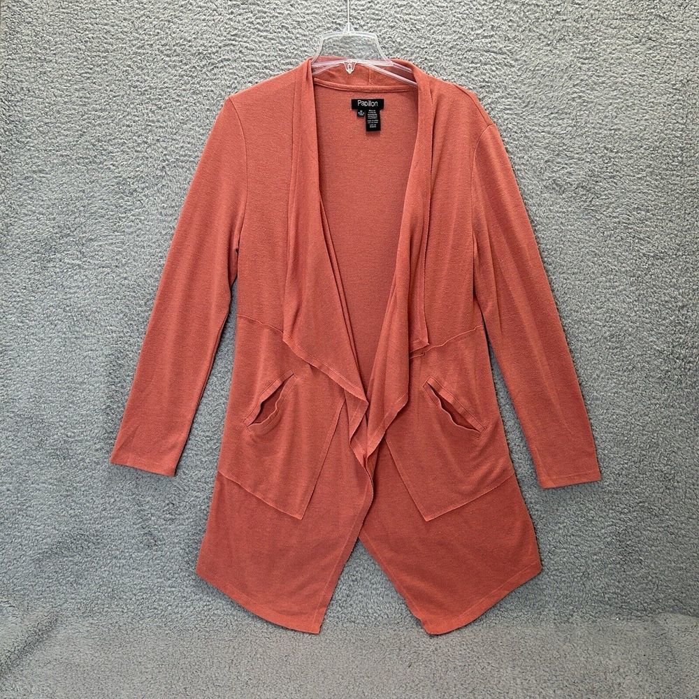 Papillon Sweater Cardigan Womens Medium Coral Waterfall Open Front Pockets